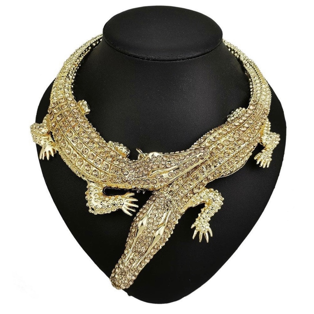 NEW- Alligator Adjustable Gold Plated Choker Necklace with Rhinestone Crystals.